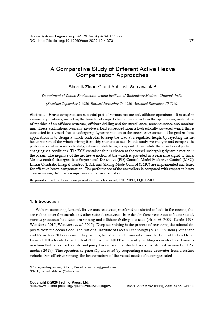 First page of paper: A Comparative Study of Different Active Heave Compensation Approaches