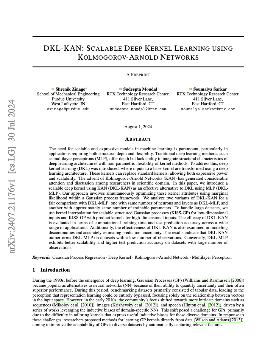 First page of paper: DKL‑KAN: Scalable Deep Kernel Learning using Kolmogorov‑Arnold Networks