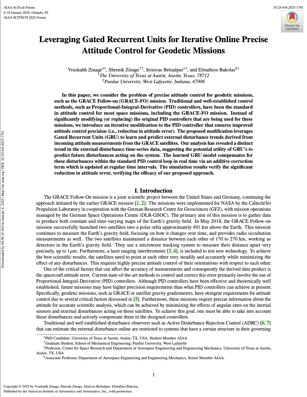 First page of paper: Leveraging Gated Recurrent Units for Precise Attitude Control for Geodetic Missions