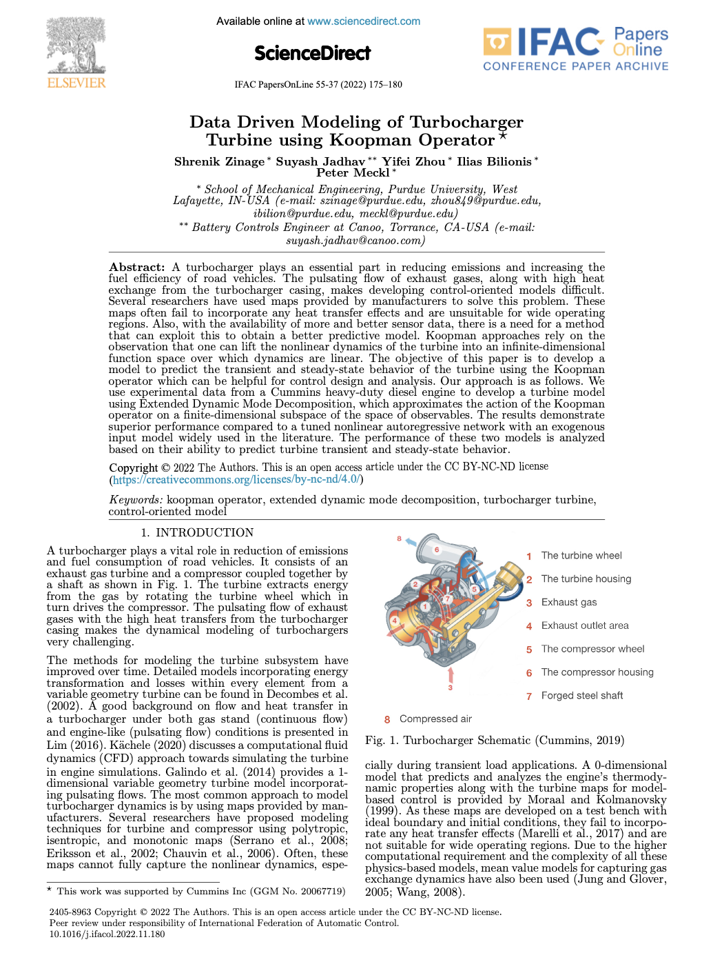 First page of paper: Data Driven Modeling of Turbocharger Turbine Using Koopman Operator