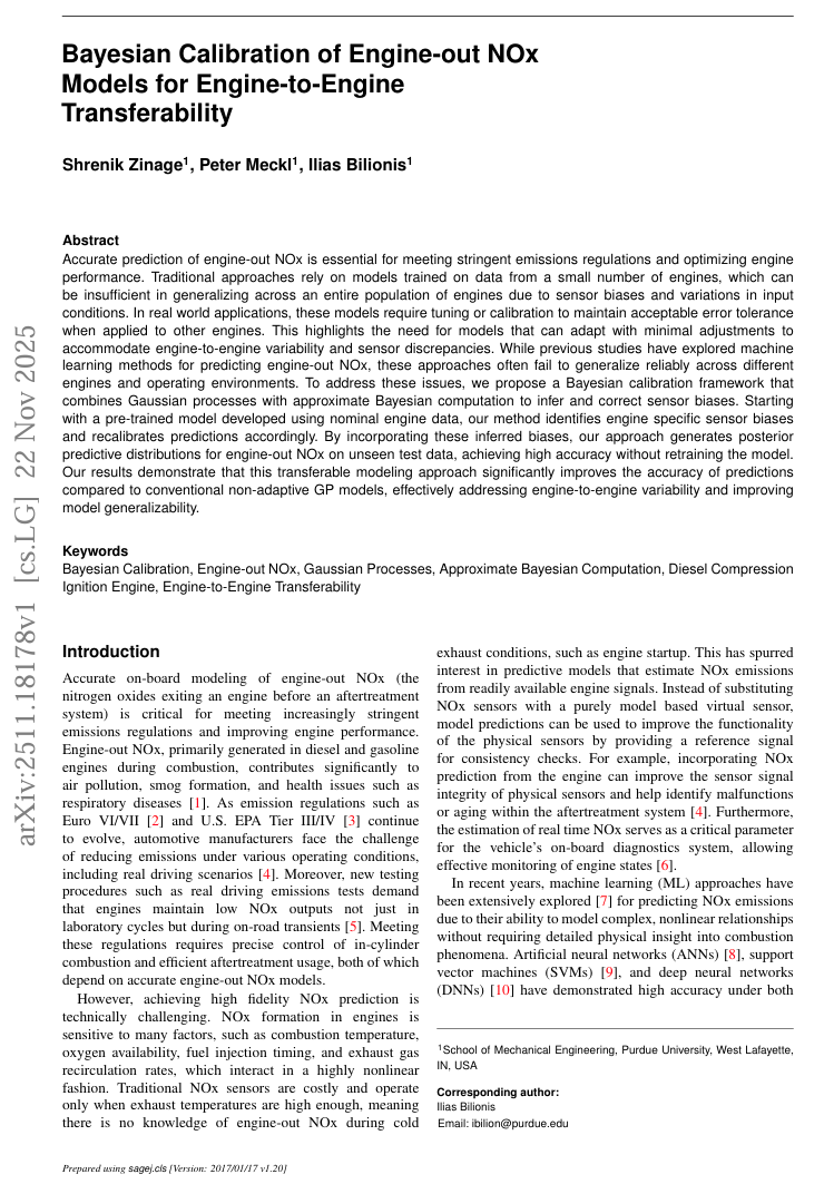 First page of paper: Bayesian Calibration of Engine-out NOx for Engine-to-Engine Transferability