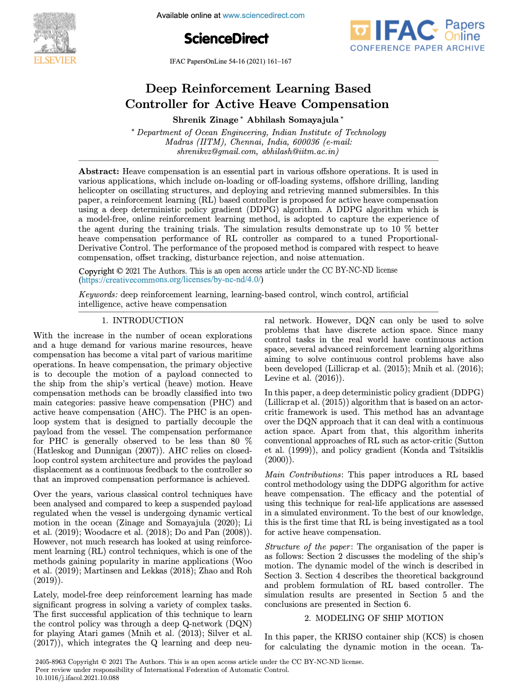First page of paper: Deep Reinforcement Learning Based Controller for Active Heave Compensation