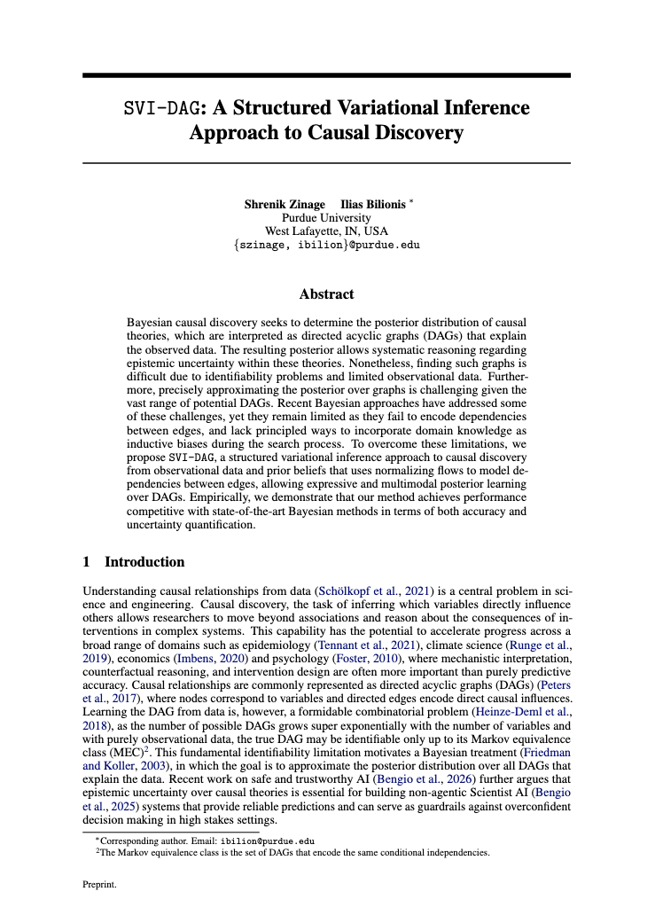 First page of paper: SVI-DAG: A Structured Variational Inference Approach to Causal Discovery