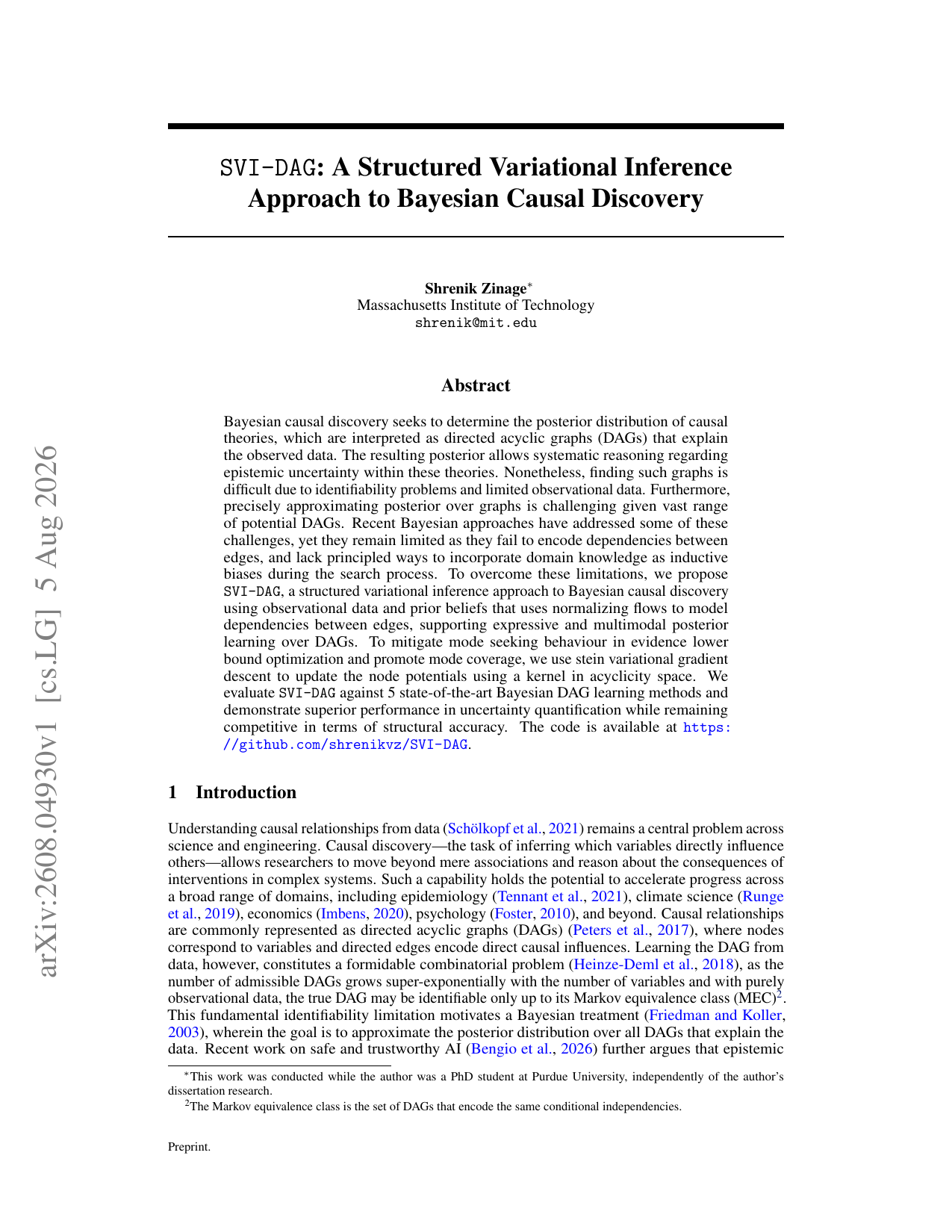 First page of paper: SVI-DAG: A Structured Variational Inference Approach to Bayesian Causal Discovery