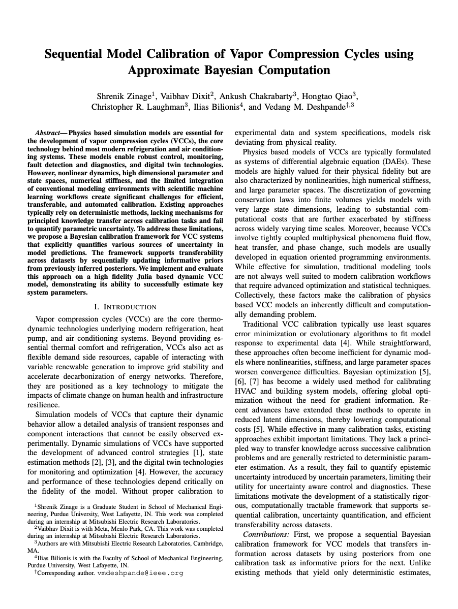 First page of paper: Sequential Model Calibration of Vapor Compression using Approximate Bayesian Computation
